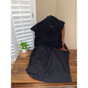 Jaanuu Black Womens 1 XL Black Top And Cargo Pant Scrub Set Medical Nursing